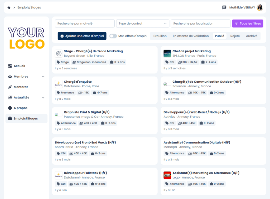 Aperçu de l'interface de la plateforme datalumni