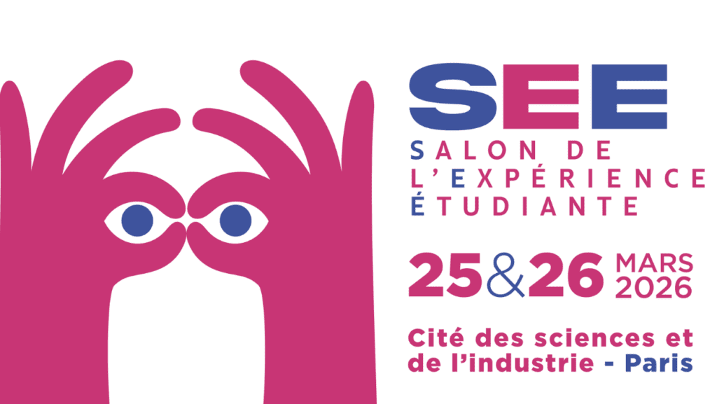 Affiche du SEE – Salon de l’Expérience Étudiante. Illustration rose représentant deux mains formant des jumelles avec des yeux au centre. Texte : « SEE – Salon de l’Expérience Étudiante, 25 & 26 mars 2026, Cité des sciences et de l’industrie – Paris ».